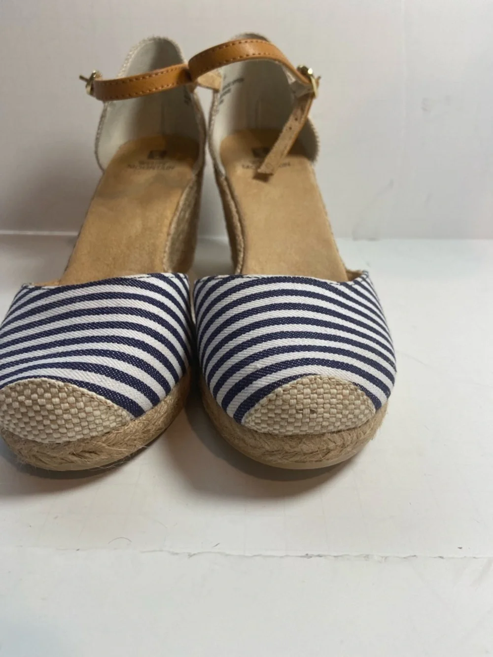 White Mountain~Navy/White Striped Cotton Canvas~Espadrille~Wedge~Sandal~Size 8.5